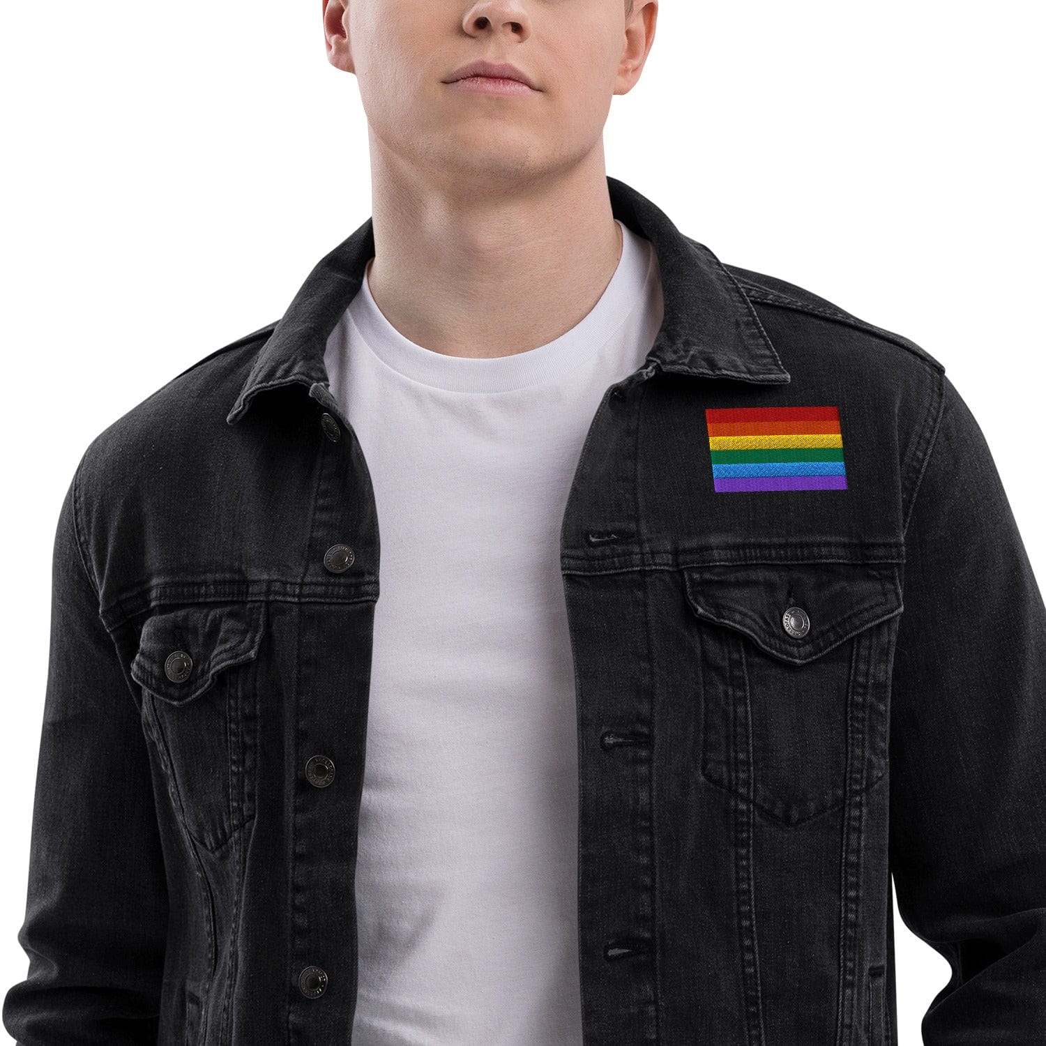 Be Proud Rainbow Flag Unisex Denim Jacket | LGBTQ+ Pride Jacket | Rainbow Flag Apparel | Inclusive Fashion