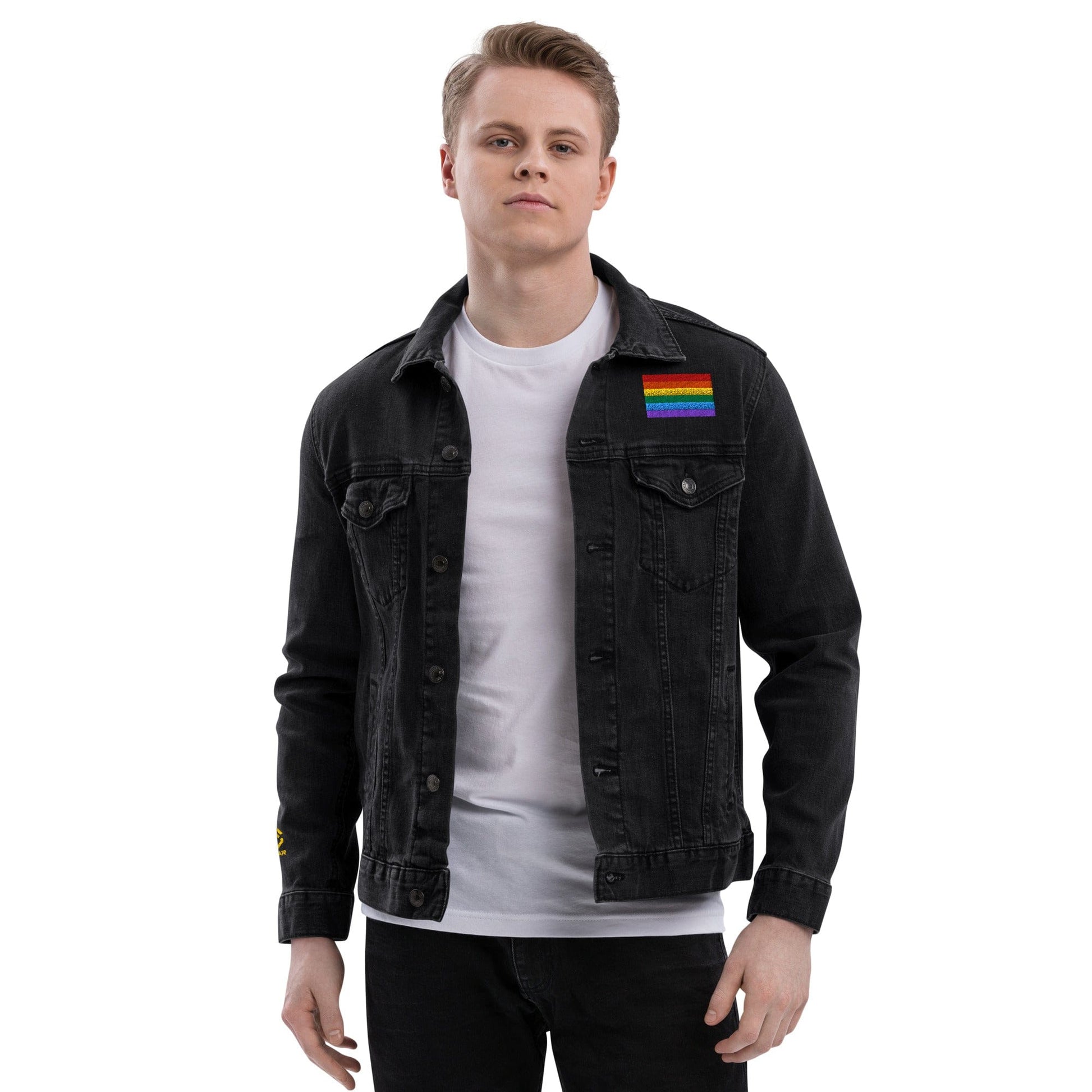 Be Proud Rainbow Flag Unisex Denim Jacket | LGBTQ+ Pride Jacket | Rainbow Flag Apparel | Inclusive Fashion