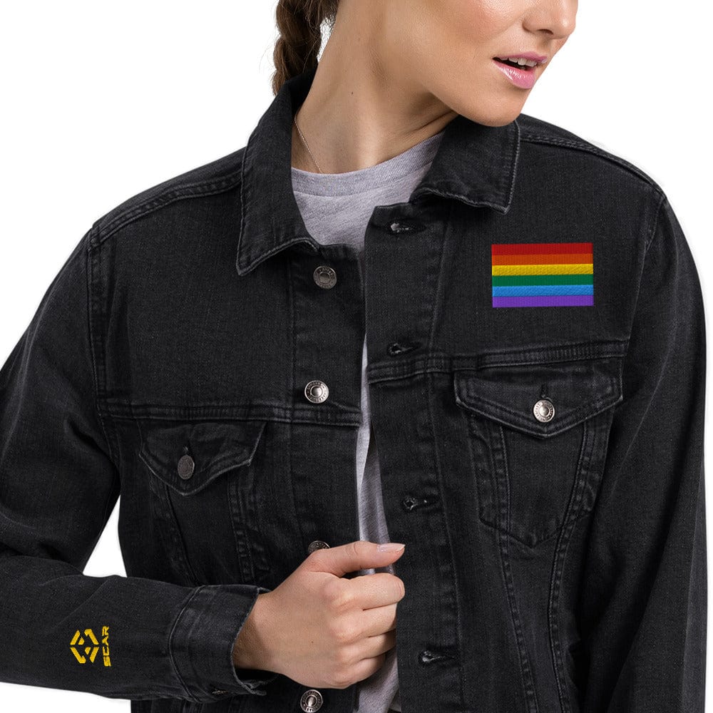 Be Proud Rainbow Flag Unisex Denim Jacket | LGBTQ+ Pride Jacket | Rainbow Flag Apparel | Inclusive Fashion