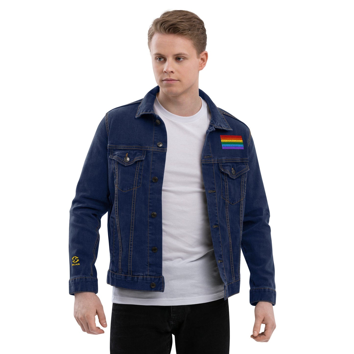 Be Proud Rainbow Flag Unisex Denim Jacket | LGBTQ+ Pride Jacket | Rainbow Flag Apparel | Inclusive Fashion