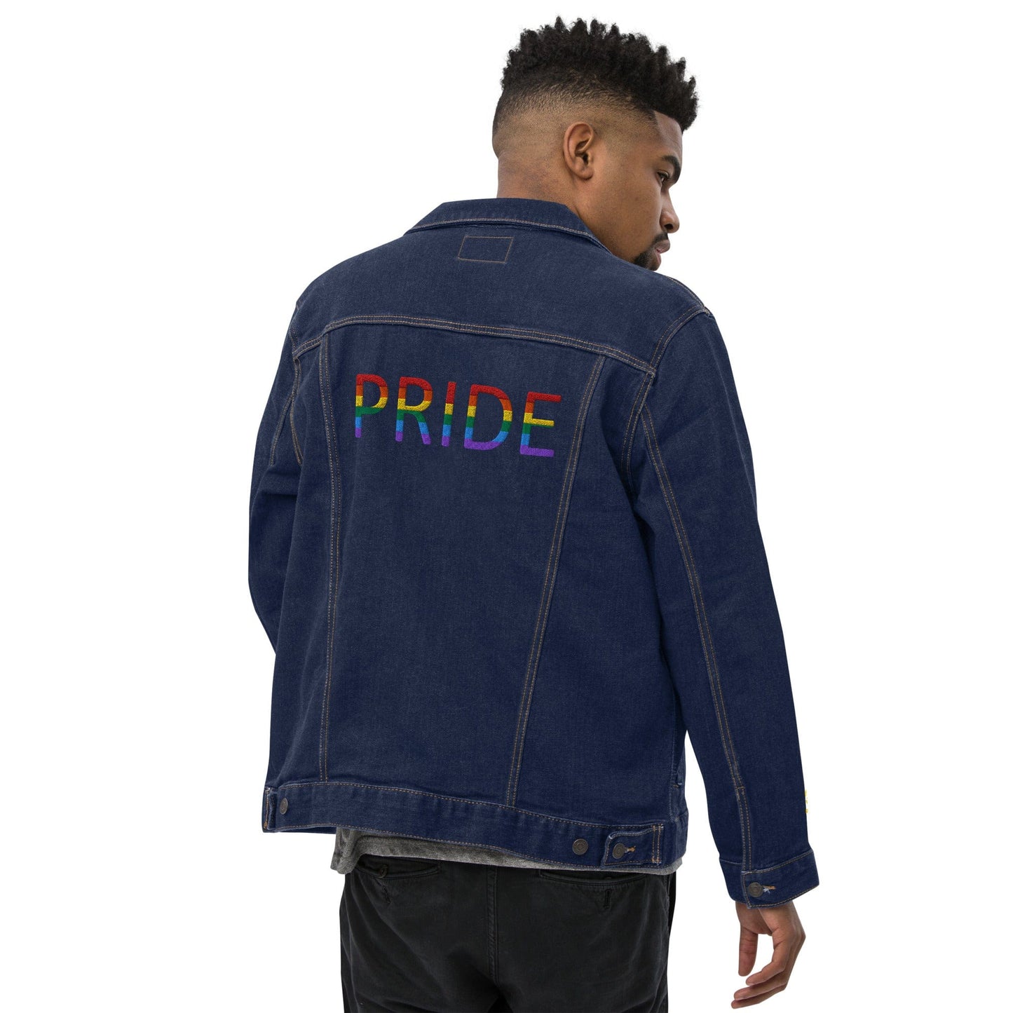 Be Proud Rainbow Flag Unisex Denim Jacket | LGBTQ+ Pride Jacket | Rainbow Flag Apparel | Inclusive Fashion