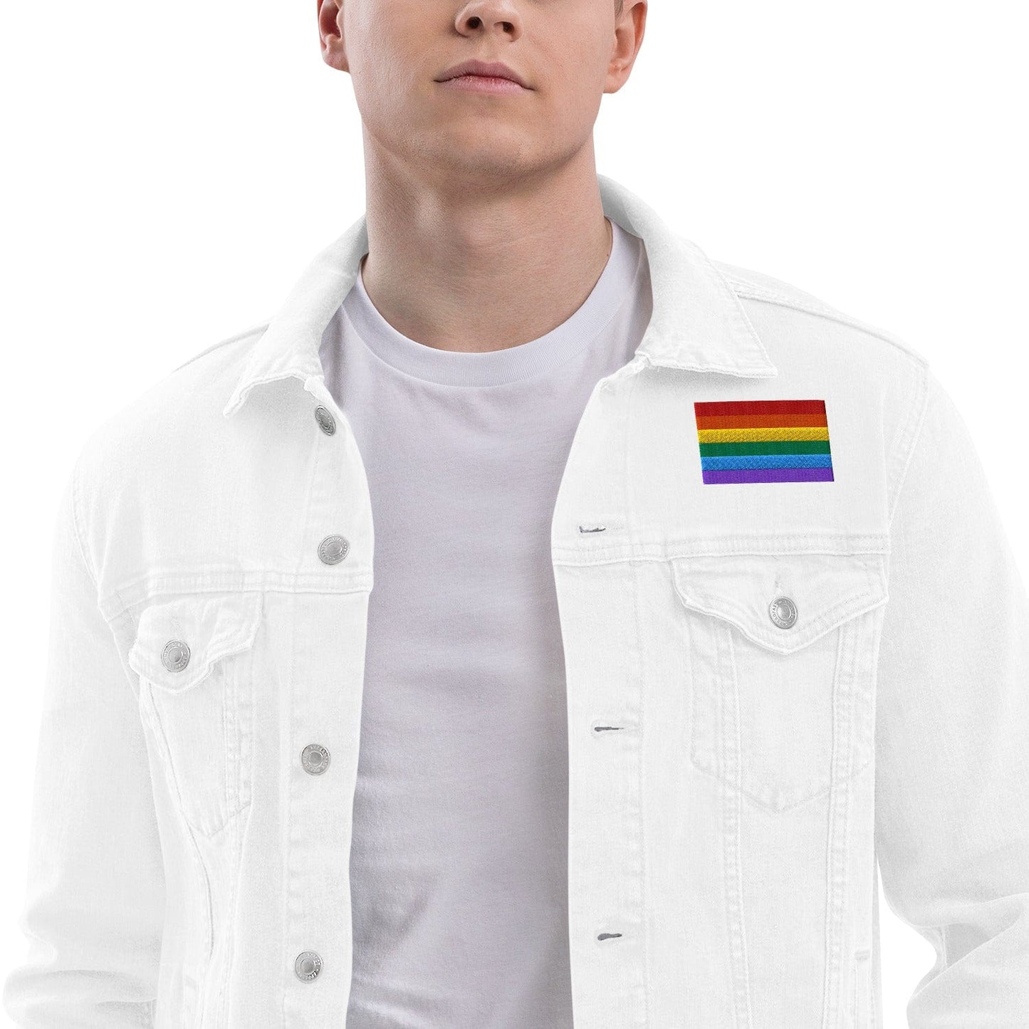 Be Proud Rainbow Flag Unisex Denim Jacket | LGBTQ+ Pride Jacket | Rainbow Flag Apparel | Inclusive Fashion