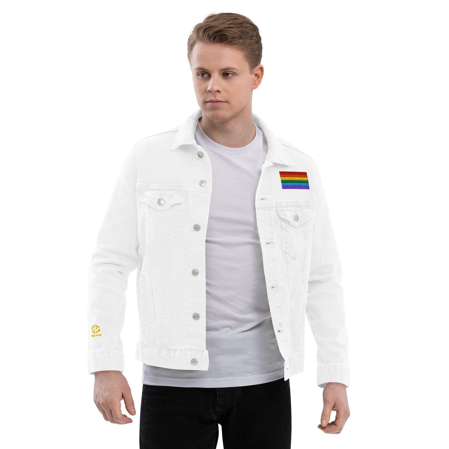 Be Proud Rainbow Flag Unisex Denim Jacket | LGBTQ+ Pride Jacket | Rainbow Flag Apparel | Inclusive Fashion