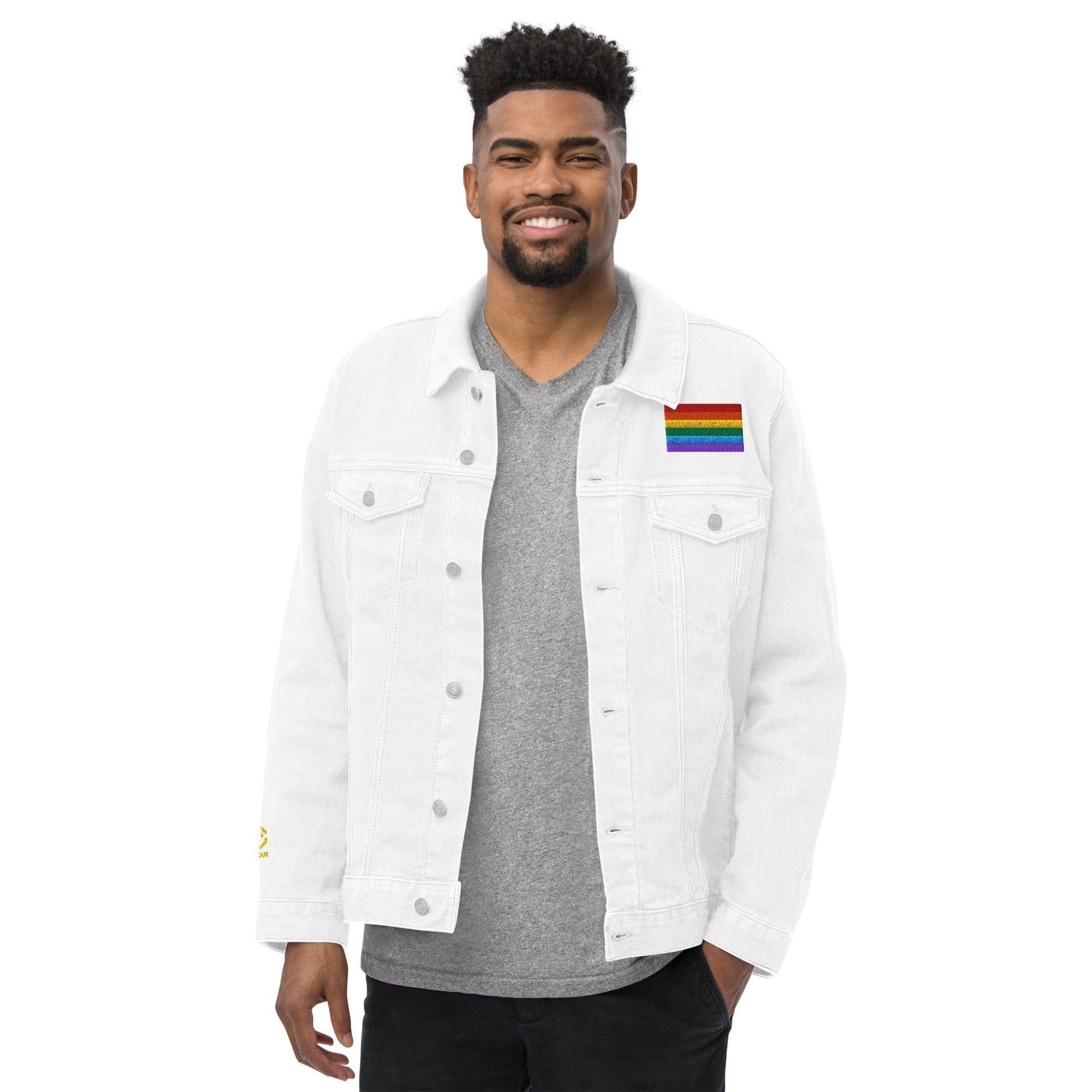 Be Proud Rainbow Flag Unisex Denim Jacket | LGBTQ+ Pride Jacket | Rainbow Flag Apparel | Inclusive Fashion