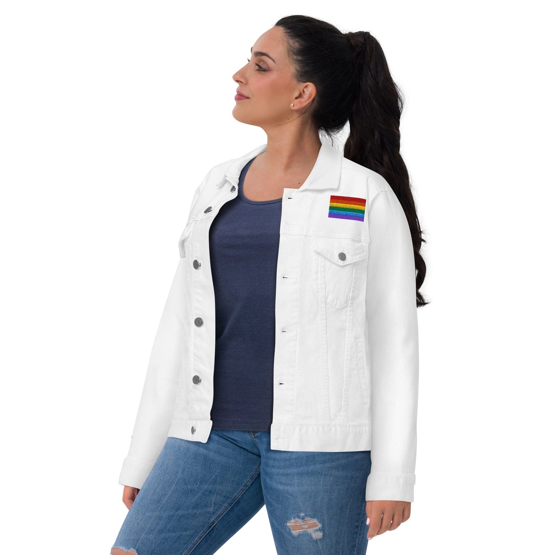 Be Proud Rainbow Flag Unisex Denim Jacket | LGBTQ+ Pride Jacket | Rainbow Flag Apparel | Inclusive Fashion