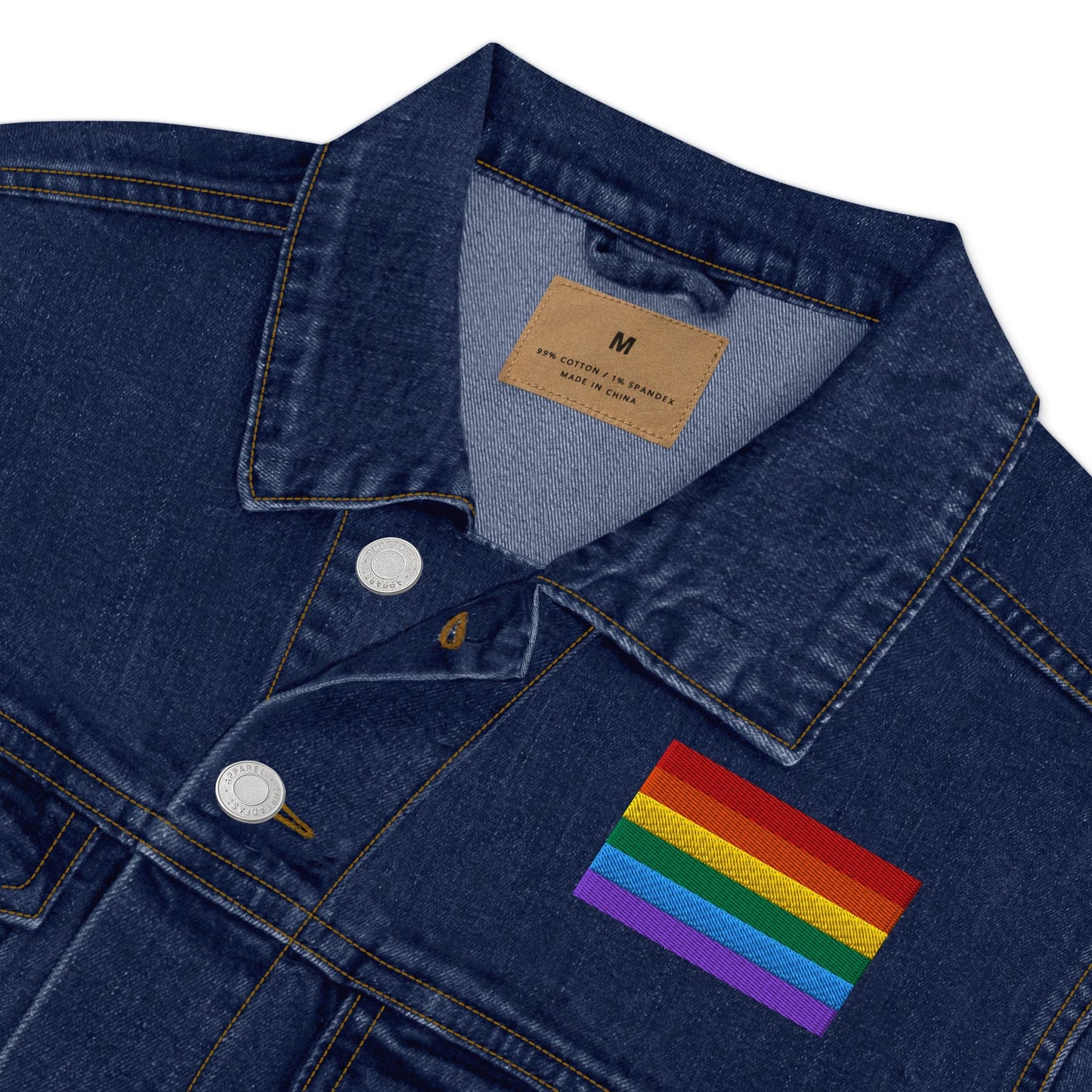 Be Proud Rainbow Flag Unisex Denim Jacket | LGBTQ+ Pride Jacket | Rainbow Flag Apparel | Inclusive Fashion