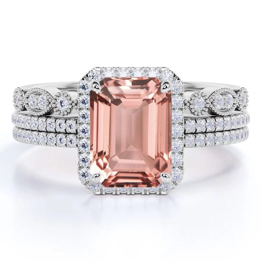 Beautiful 1.75 Carat Emerald Cut Created Morganite and Moissanite Trio Wedding Ring Set in White Gold 5