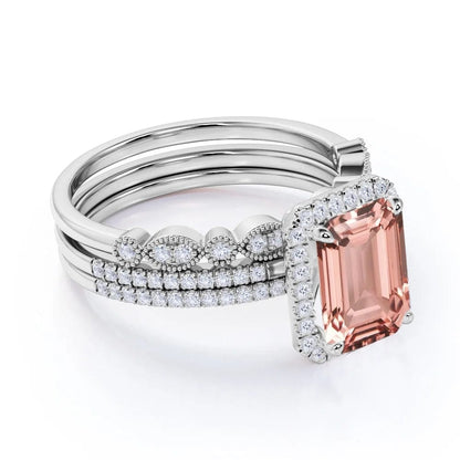 Beautiful 1.75 Carat Emerald Cut Created Morganite and Moissanite Trio Wedding Ring Set in White Gold 5