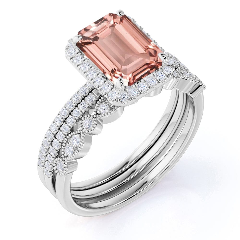 Beautiful 1.75 Carat Emerald Cut Created Morganite and Moissanite Trio Wedding Ring Set in White Gold 5