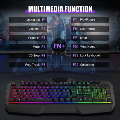 Gaming Keyboard and Mouse Combo, LED RGB Backlit Wired Keyboard 114 Keys Mechanical Feel Anti-Ghosting Keyboard & 7 Colors Mouse with 12 Multimedia Keys for Windows/Xp/Vista PC Laptop Computer Gamer