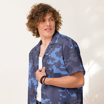 Blue Camo Unisex Military Button Shirt