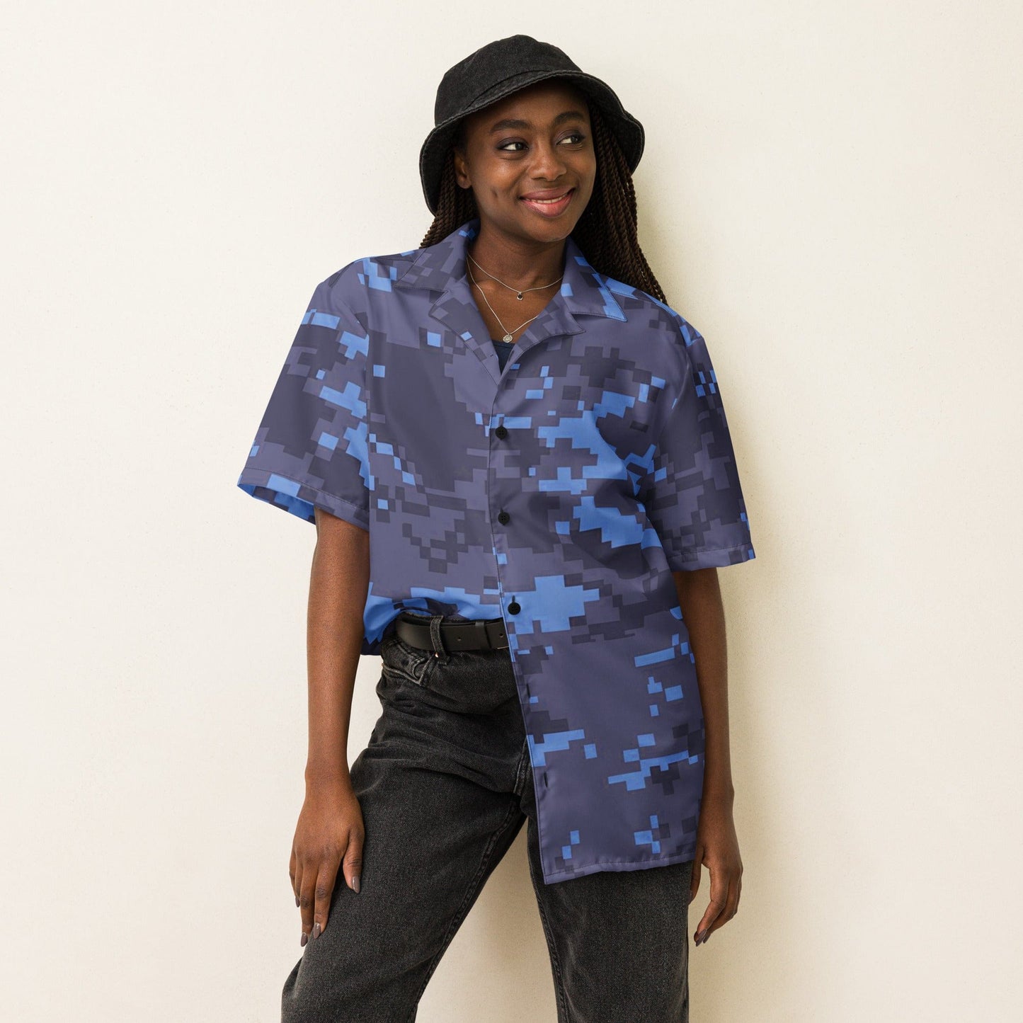 Blue Camo Unisex Military Button Shirt