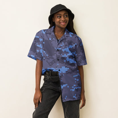 Blue Camo Unisex Military Button Shirt