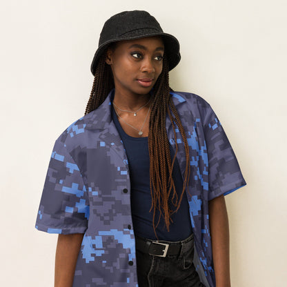 Blue Camo Unisex Military Button Shirt