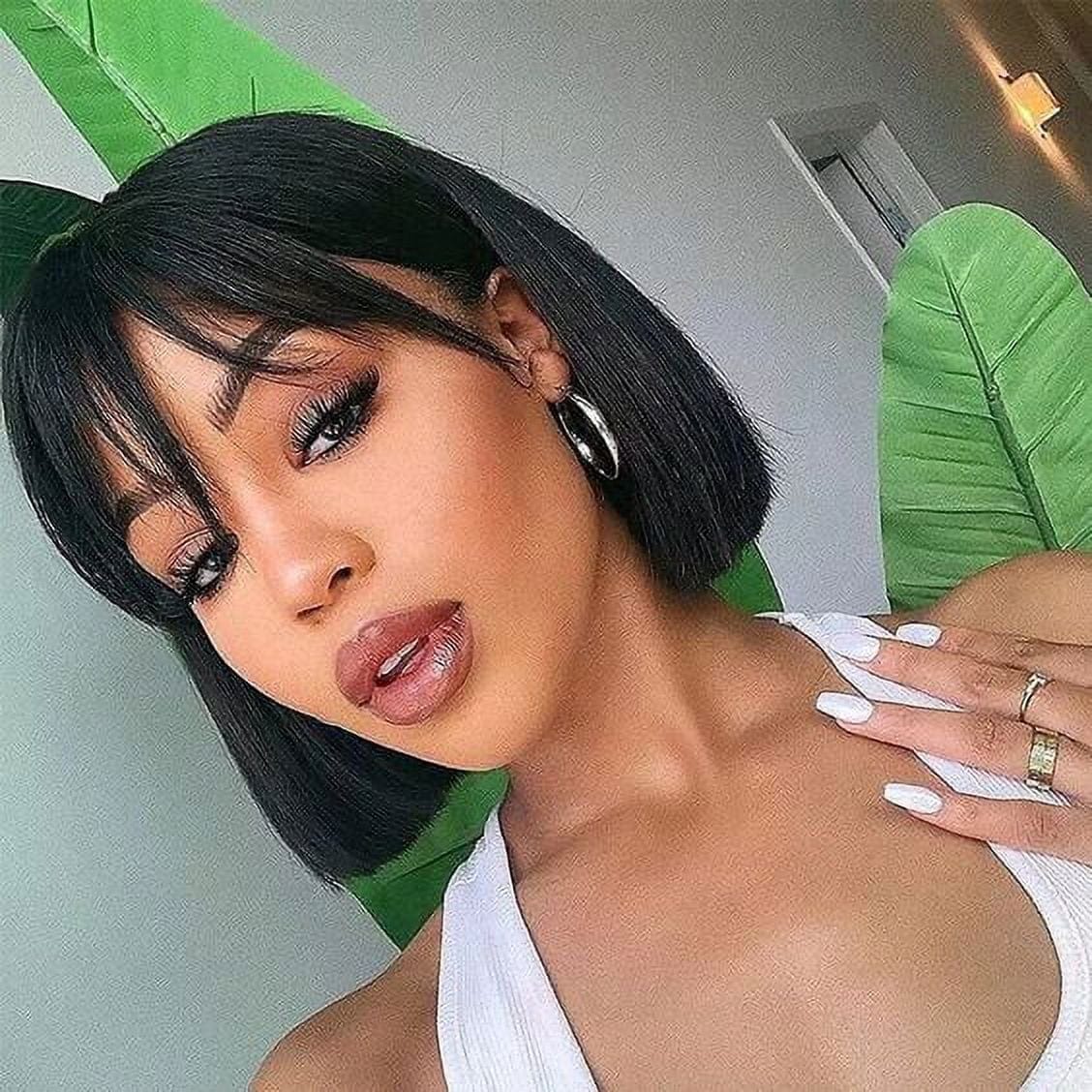 Bob Wigs with Bangs Brazilian Straight Human Hair Wigs Machine Made Bob Wig for Black Women None Lace Front Wigs Natural Color (8 Inch) 8" / Natural Black