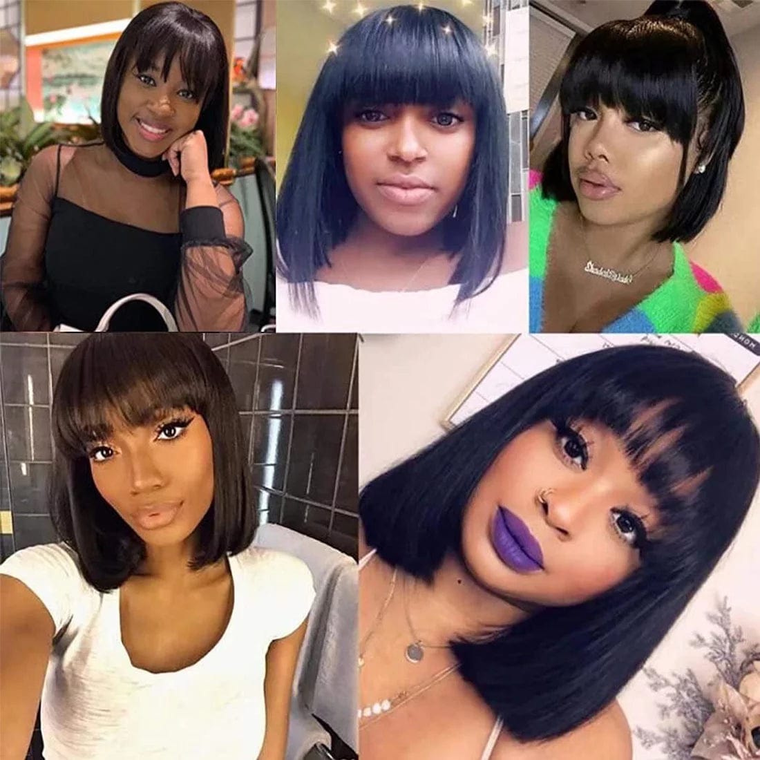 Bob Wigs with Bangs Brazilian Straight Human Hair Wigs Machine Made Bob Wig for Black Women None Lace Front Wigs Natural Color (8 Inch) 8" / Natural Black