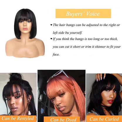 Bob Wigs with Bangs Brazilian Straight Human Hair Wigs Machine Made Bob Wig for Black Women None Lace Front Wigs Natural Color (8 Inch) 8" / Natural Black