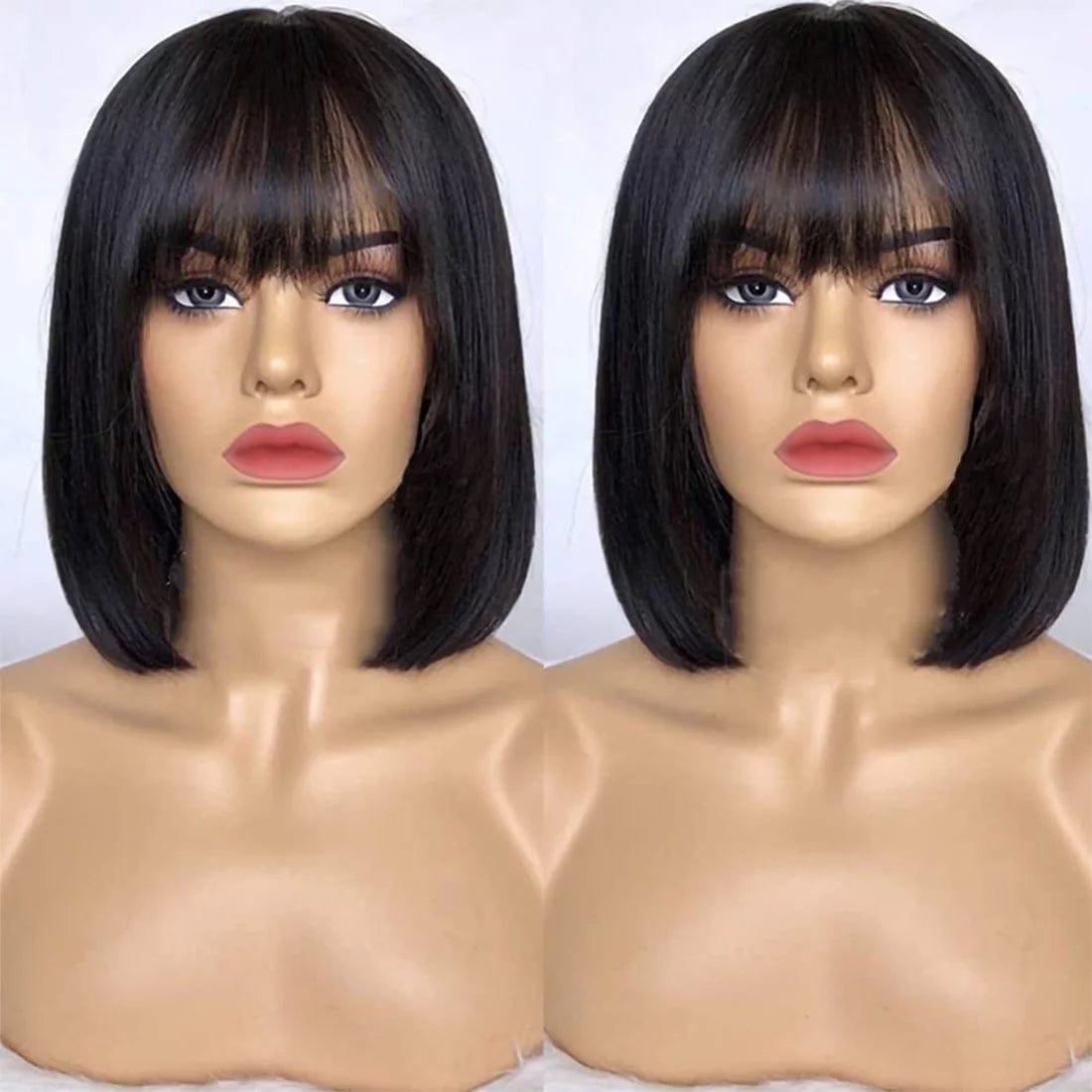 Bob Wigs with Bangs Brazilian Straight Human Hair Wigs Machine Made Bob Wig for Black Women None Lace Front Wigs Natural Color (8 Inch) 8" / Natural Black