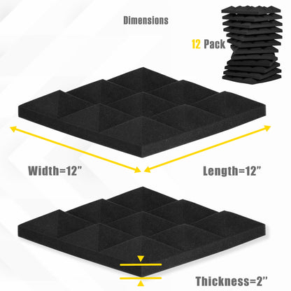 Acoustic Foam Panels, Pyramid Studio Wedge Tiles, 12" H, Black 12 Pack