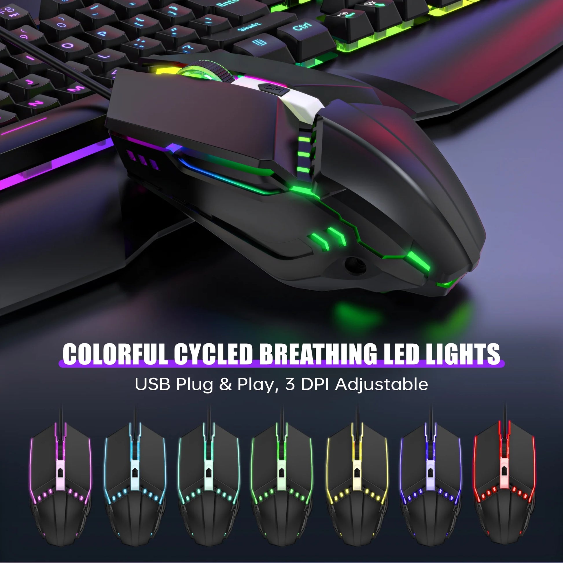 Gaming Keyboard and Mouse Combo, LED RGB Backlit Wired Keyboard 114 Keys Mechanical Feel Anti-Ghosting Keyboard & 7 Colors Mouse with 12 Multimedia Keys for Windows/Xp/Vista PC Laptop Computer Gamer