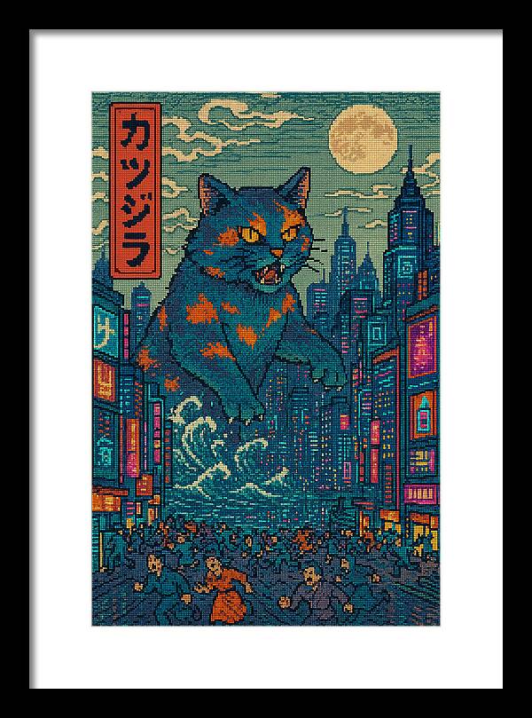 Catzilla a Purr-fectly Hilarious Monster - Framed Print