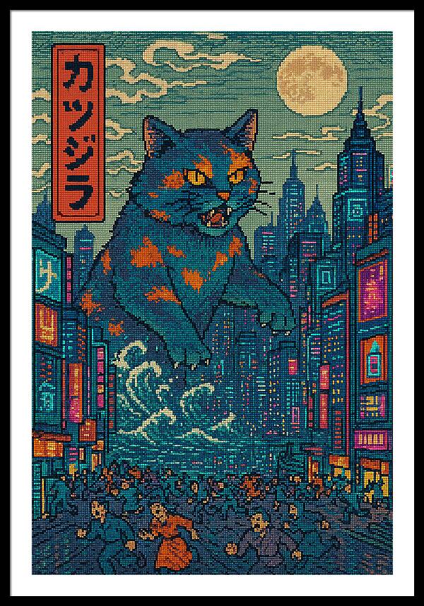 Catzilla a Purr-fectly Hilarious Monster - Framed Print