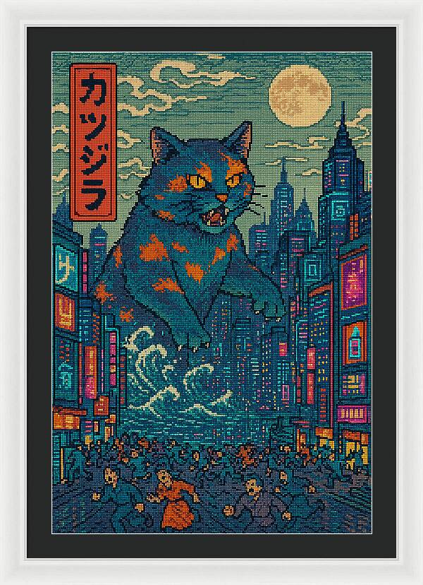 Catzilla a Purr-fectly Hilarious Monster - Framed Print