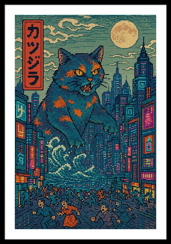 Catzilla a Purr-fectly Hilarious Monster - Framed Print