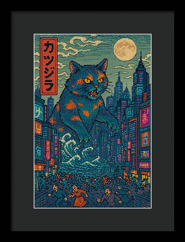 Catzilla a Purr-fectly Hilarious Monster - Framed Print