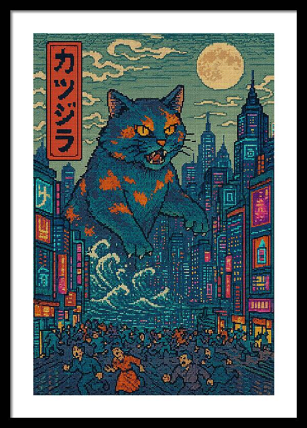 Catzilla a Purr-fectly Hilarious Monster - Framed Print