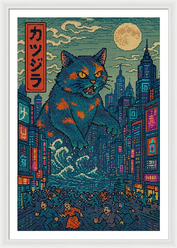 Catzilla a Purr-fectly Hilarious Monster - Framed Print