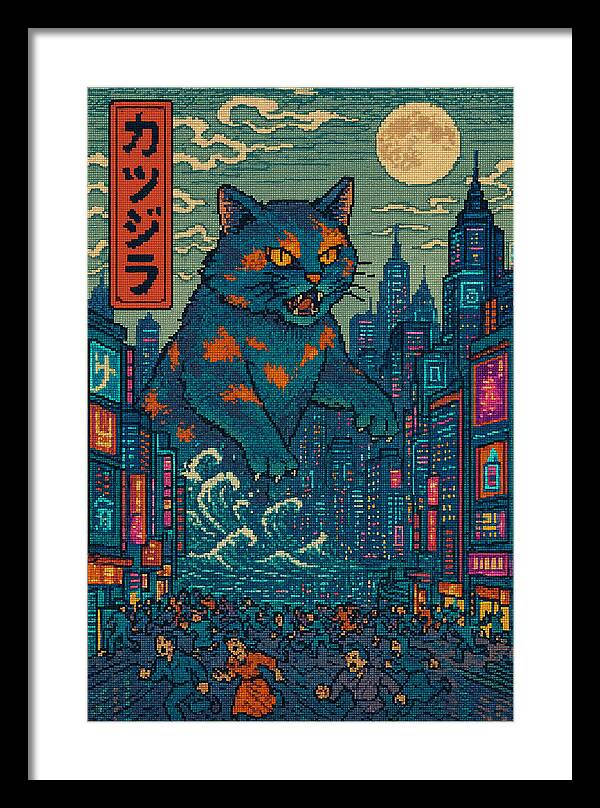 Catzilla a Purr-fectly Hilarious Monster - Framed Print
