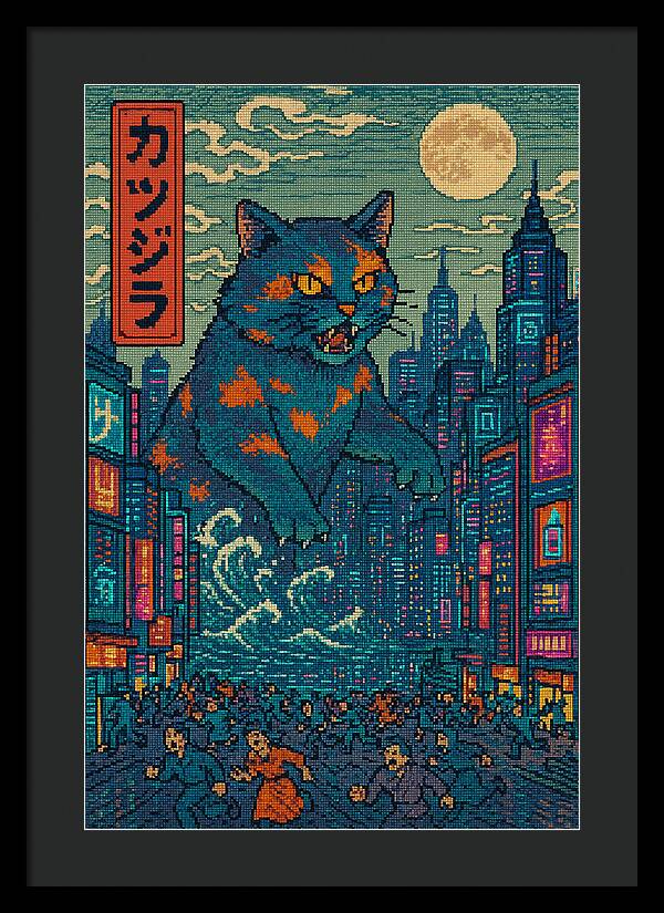 Catzilla a Purr-fectly Hilarious Monster - Framed Print