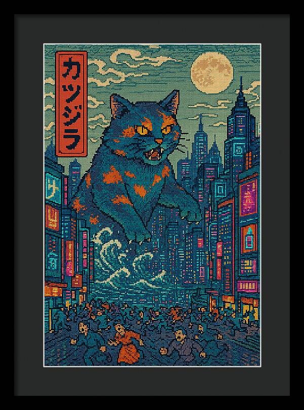 Catzilla a Purr-fectly Hilarious Monster - Framed Print