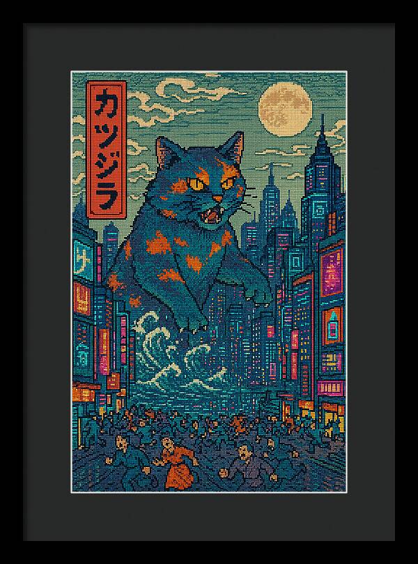 Catzilla a Purr-fectly Hilarious Monster - Framed Print