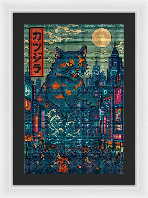 Catzilla a Purr-fectly Hilarious Monster - Framed Print