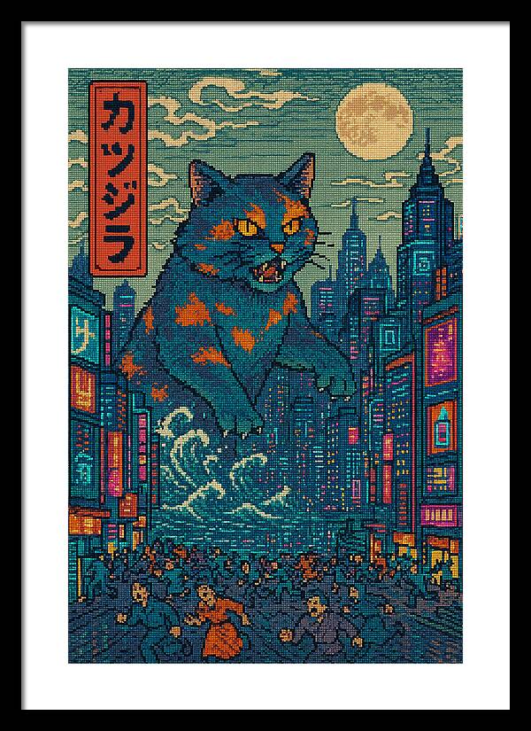 Catzilla a Purr-fectly Hilarious Monster - Framed Print