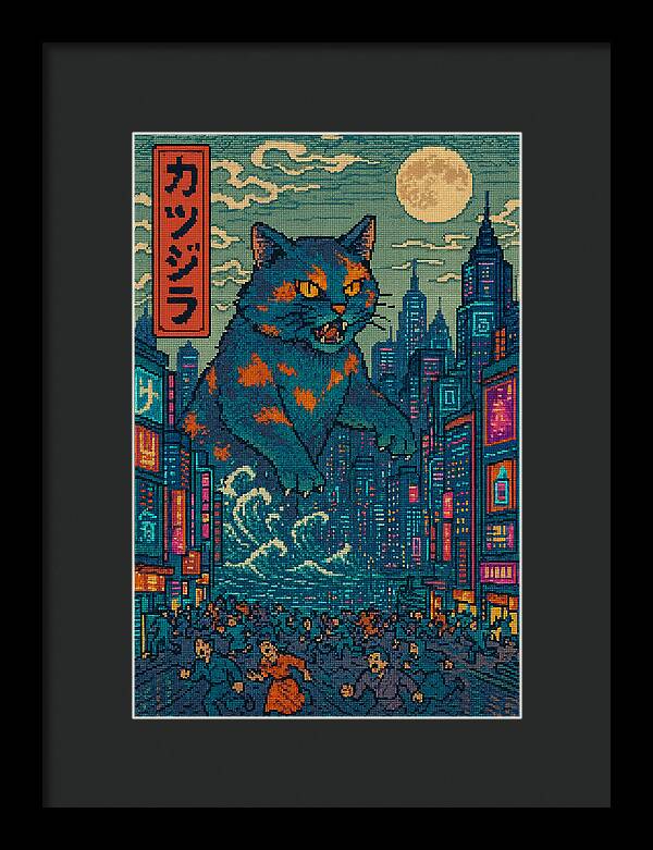 Catzilla a Purr-fectly Hilarious Monster - Framed Print