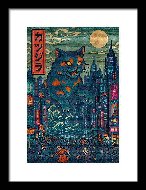 Catzilla a Purr-fectly Hilarious Monster - Framed Print