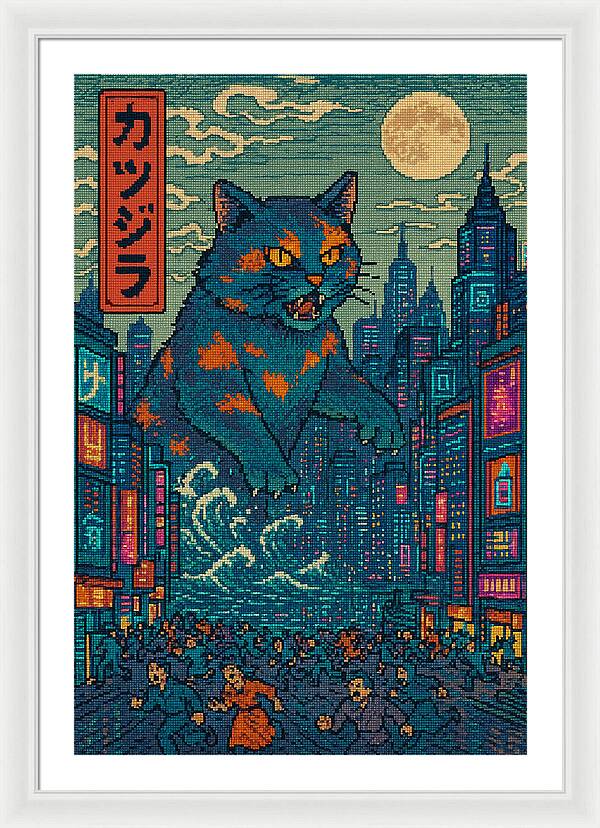Catzilla a Purr-fectly Hilarious Monster - Framed Print