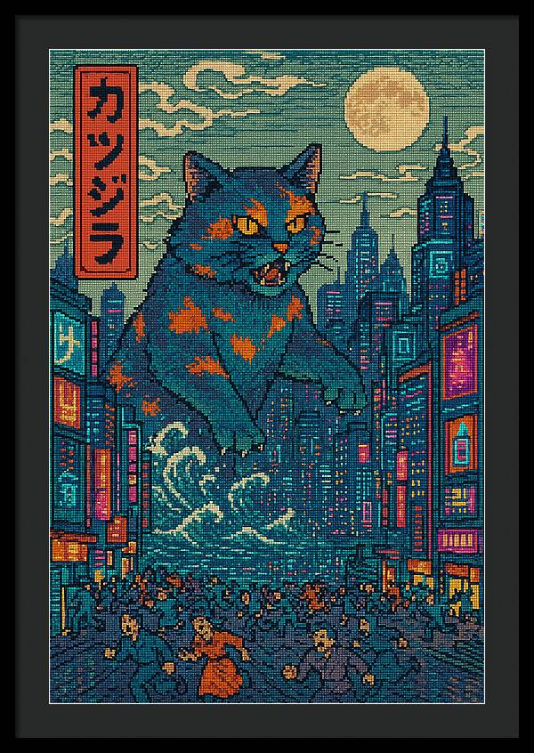 Catzilla a Purr-fectly Hilarious Monster - Framed Print