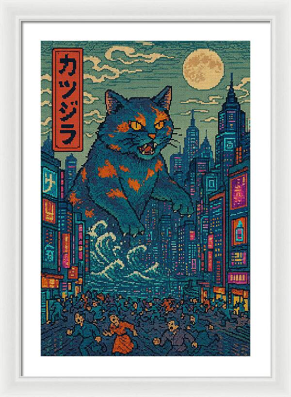 Catzilla a Purr-fectly Hilarious Monster - Framed Print