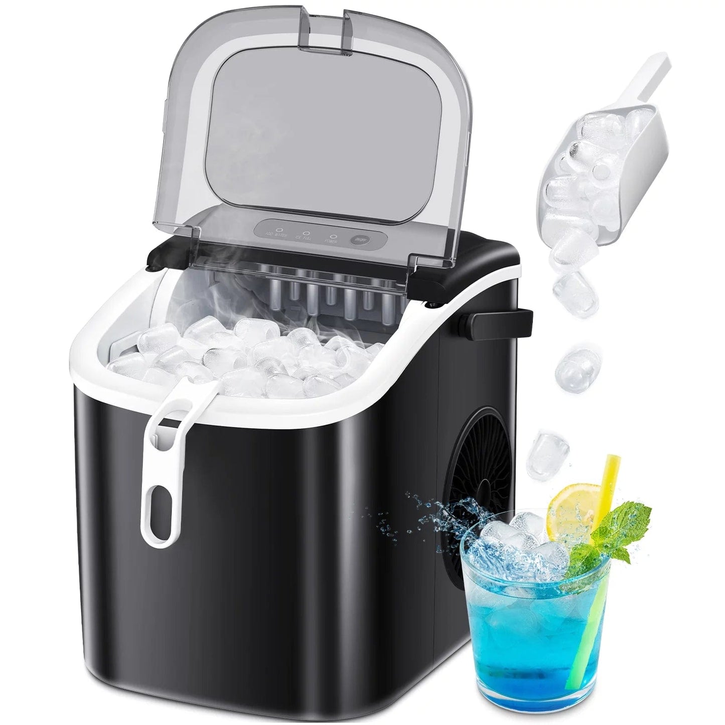 Countertop Ice Maker, Portable Ice Machine with Handle, 26Lbs/24H, 9Pcs/6Mins, One-Click Operation Ice Makers, with Ice Scoop and Basket, for Kitchen/Bar/Party - (Black) Black