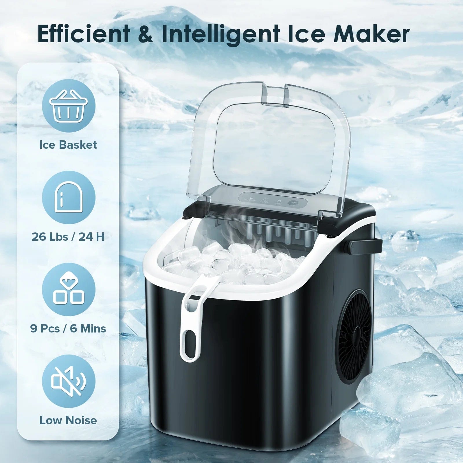 Countertop Ice Maker, Portable Ice Machine with Handle, 26Lbs/24H, 9Pcs/6Mins, One-Click Operation Ice Makers, with Ice Scoop and Basket, for Kitchen/Bar/Party - (Black) Black