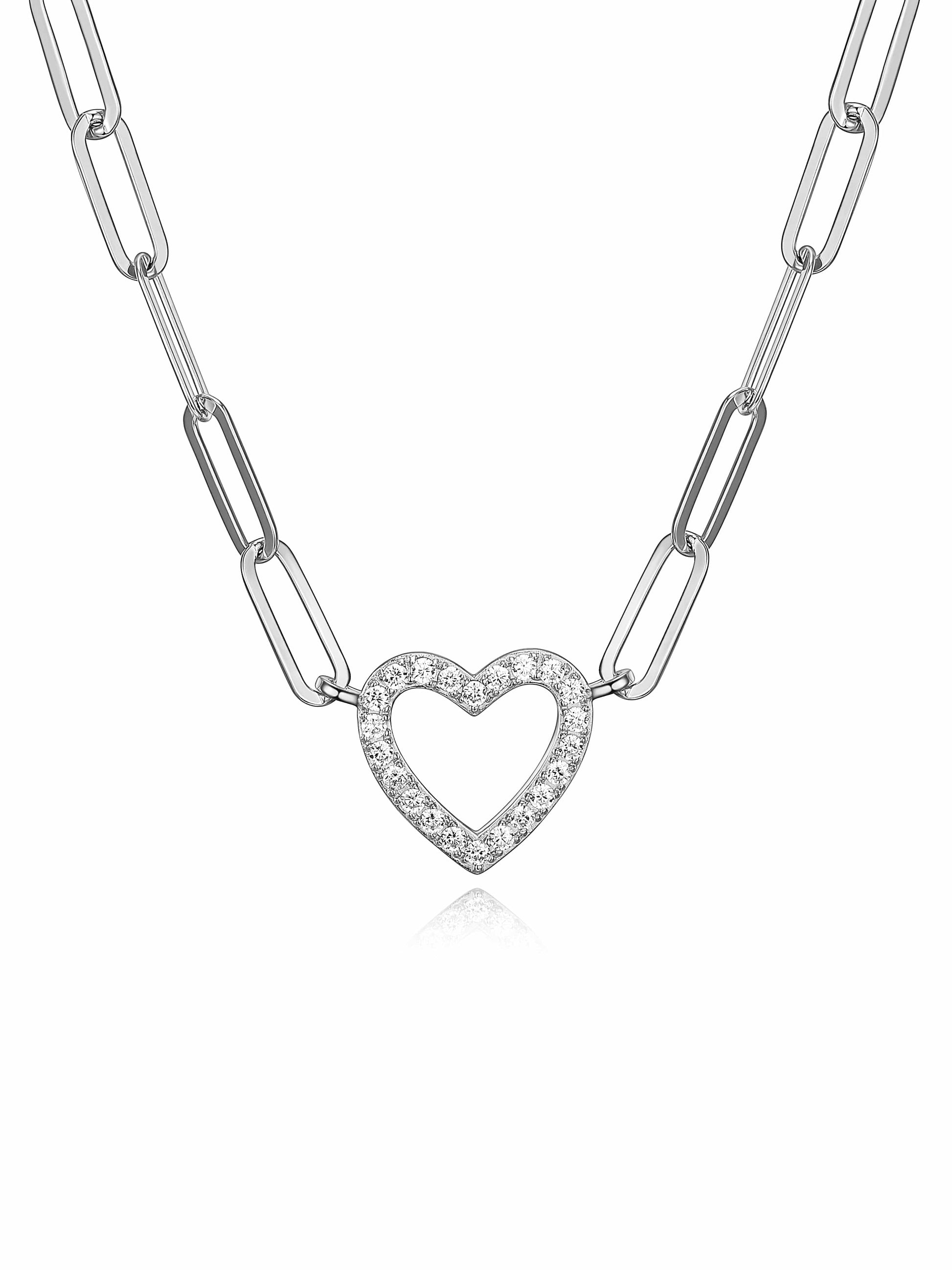 Cubic Zirconia Heart Paperclip 18” Necklace in Sterling Silver, Adult Female White/Silver