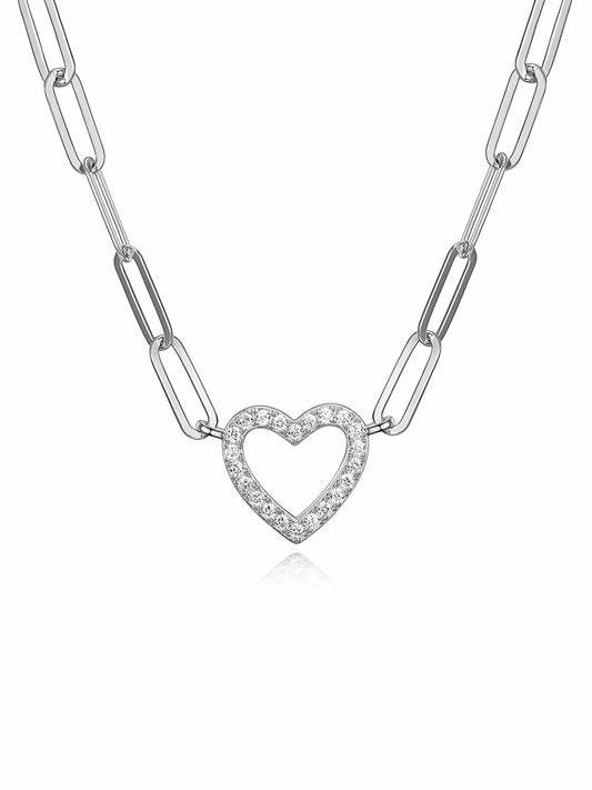 Cubic Zirconia Heart Paperclip 18” Necklace in Sterling Silver, Adult Female White/Silver