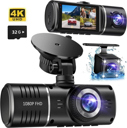 Dash Cam, 3 Channel Dash Cam, 4K+1080P Dash Cam Front and Inside, Triple Dash Cam,Car Night Vision Dash Camera with 32GB Card, HDR, G-Sensor, 24Hr Parking, Front Rear Dash Cam Loop Recording Black