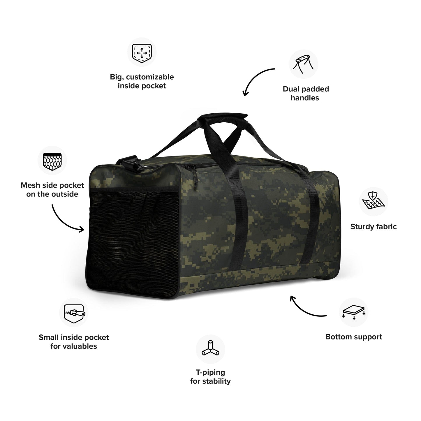 Digital Army Camo Green Duffle Bag – Military Style Travel Gym Bag, Tactical Camouflage Overnight Bag, Rugged Carry-On Weekender