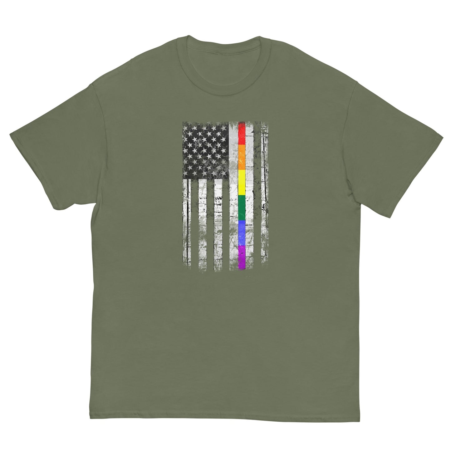 Distressed Rainbow American Flag T-shirt Military Green / S