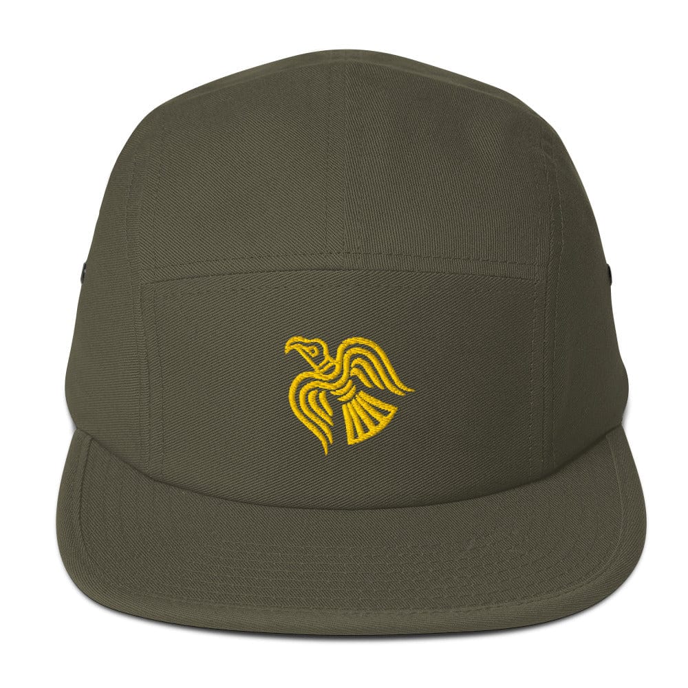 Embroidered Viking Raven Five Panel Cap Olive